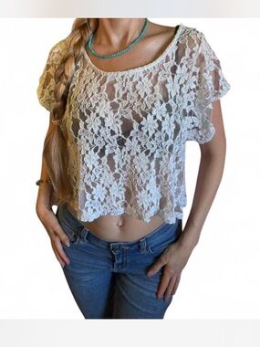 Y2K Shabby Chic sheer floral lace boxy top with open back Aeropostale Small